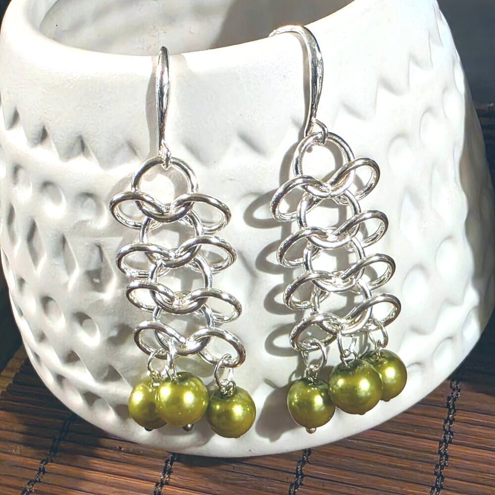 Handmade Lime Green Glass Pearls Sterling Silver Plated Chainmaille Earrings